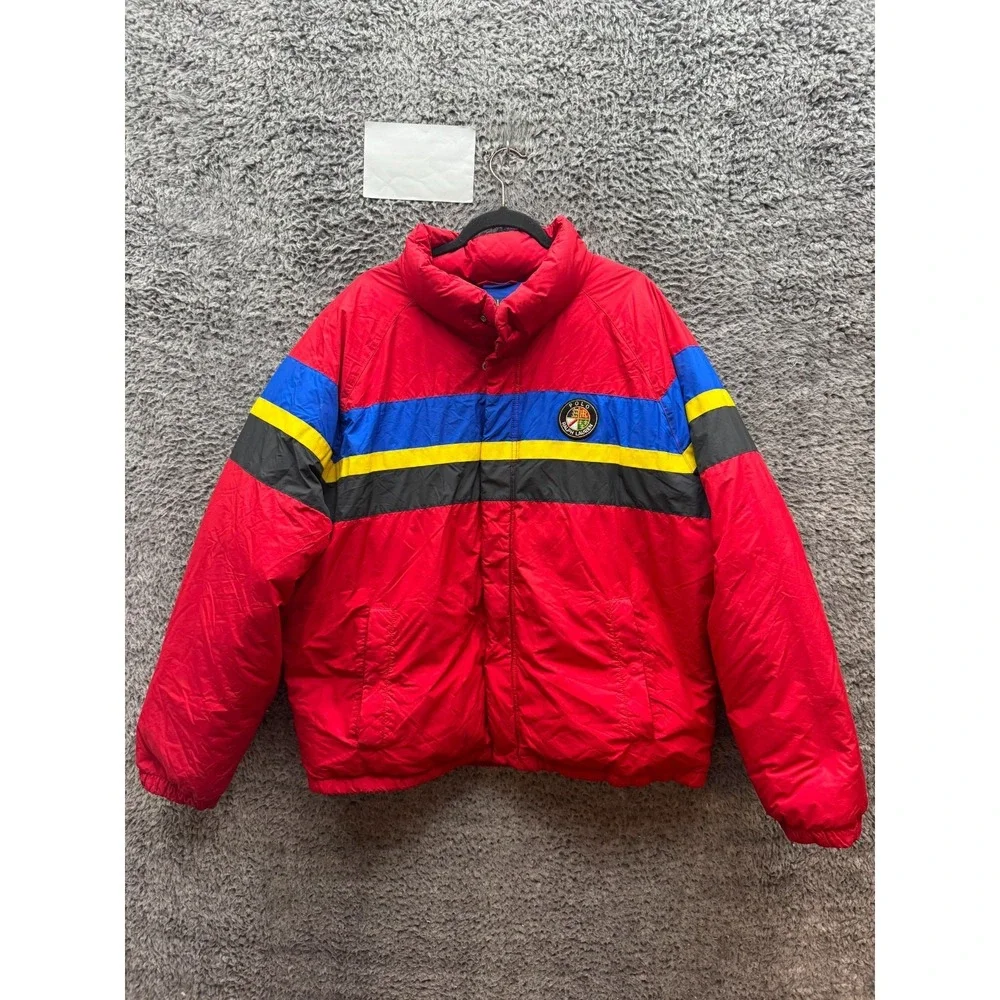 Polo Ralph Lauren Cookie Patch Striped Down Puffer Jacket Red Mens Size XL